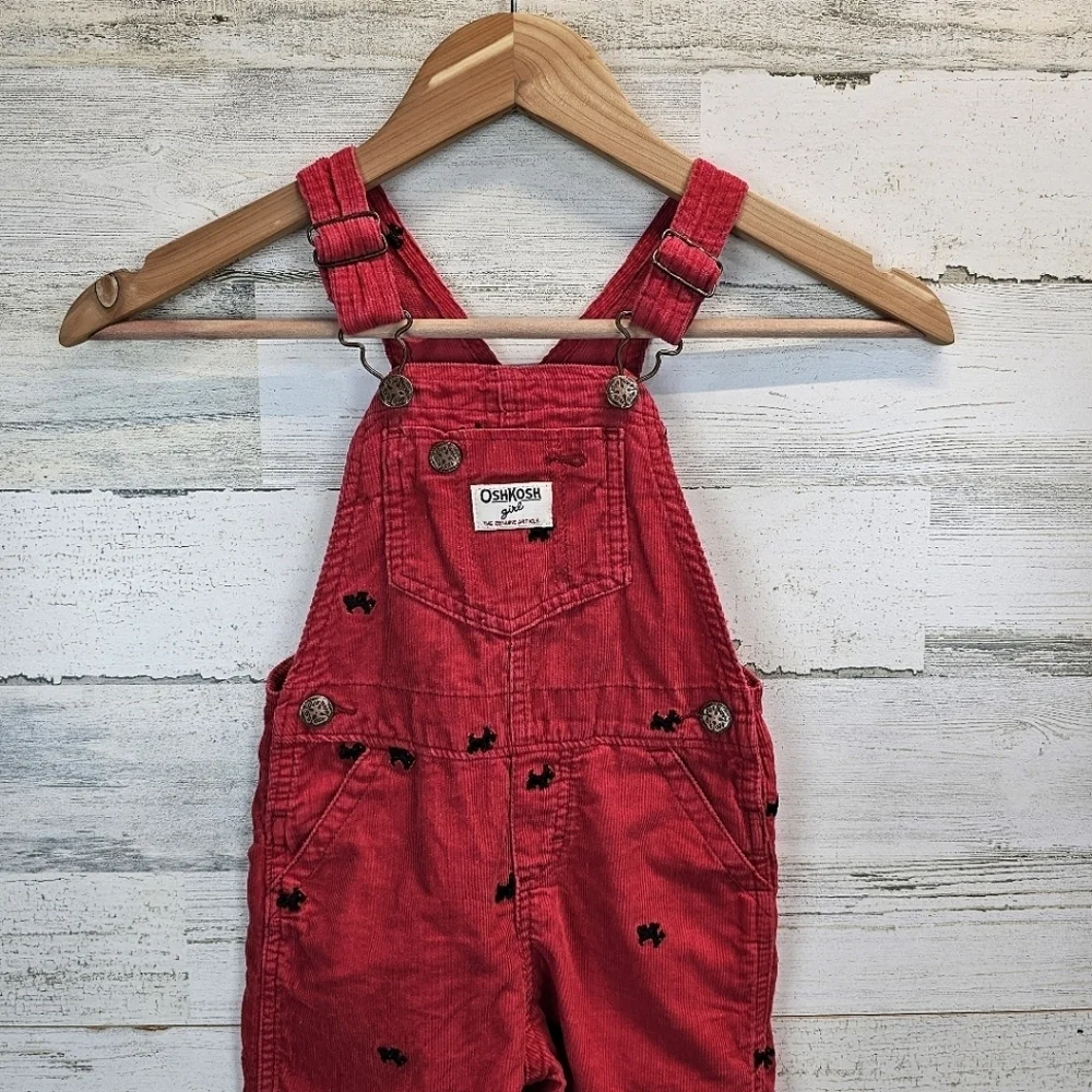 OshKosh B'gosh Girls Red Overalls with Adjustable Straps Sz 4T Dog Embroidered